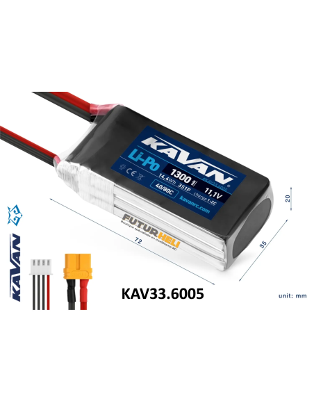 Batterie lipo 1300 Mah 3S 11,1v 40/80C Prise XT60 Kavan